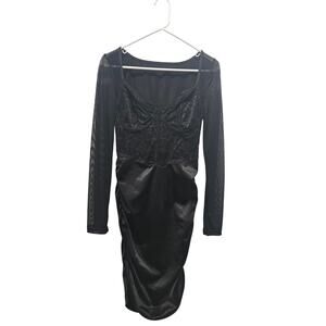 Y2K Goth Glam Coquette Black Mesh Lace Ruched Bodycon Party Mini XS S Dress